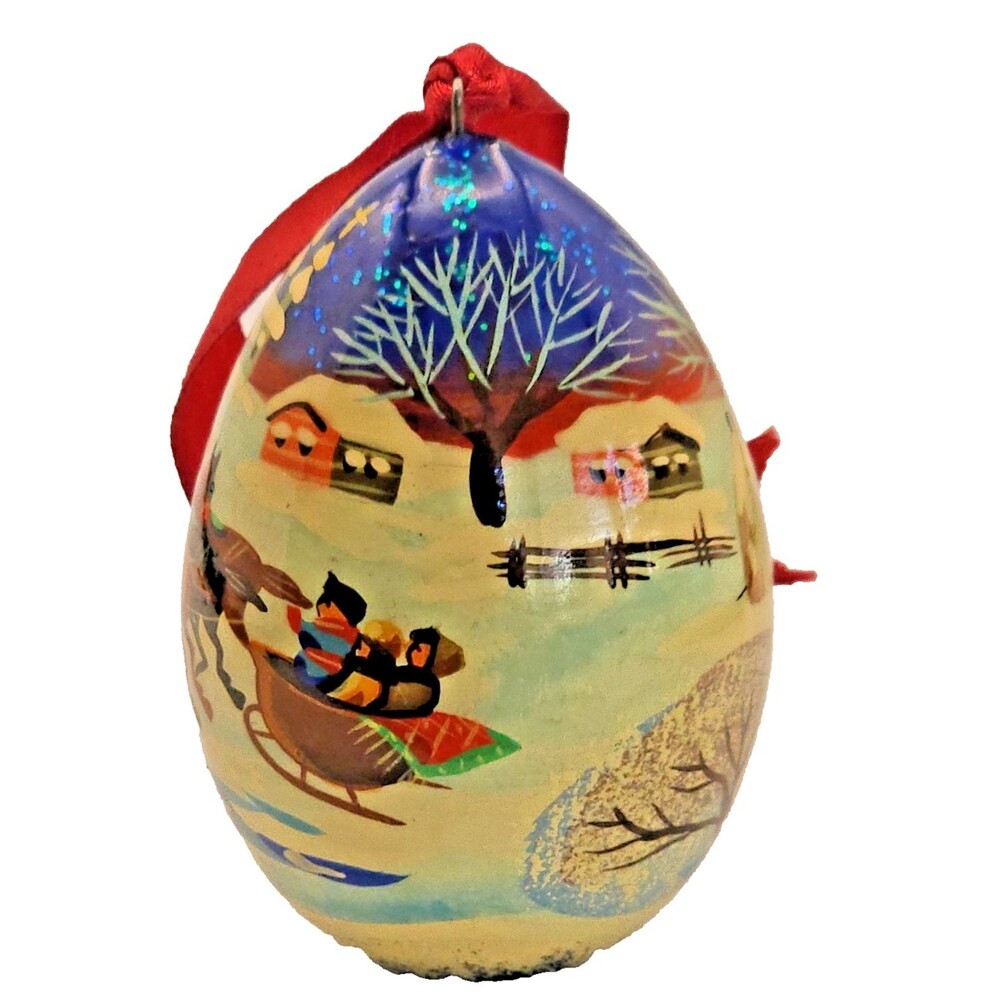 Vintage Russian Lacquered Wooden Egg Hand Painted Folk Art Winter Scene Signed